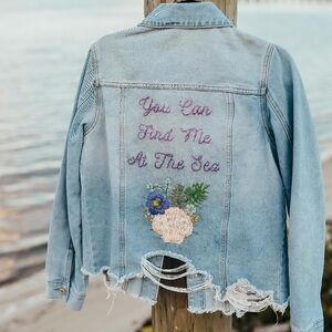 YOU CAN FIND ME AT THE SEA Hand Embroidered Denim Jacket